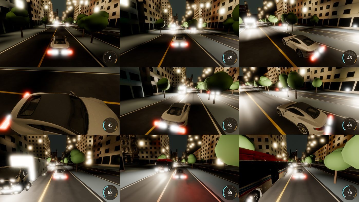 A nine-frame review sheet from City Drive at night: the car at the start, the car from four sides, and three street views with buses and traffic.